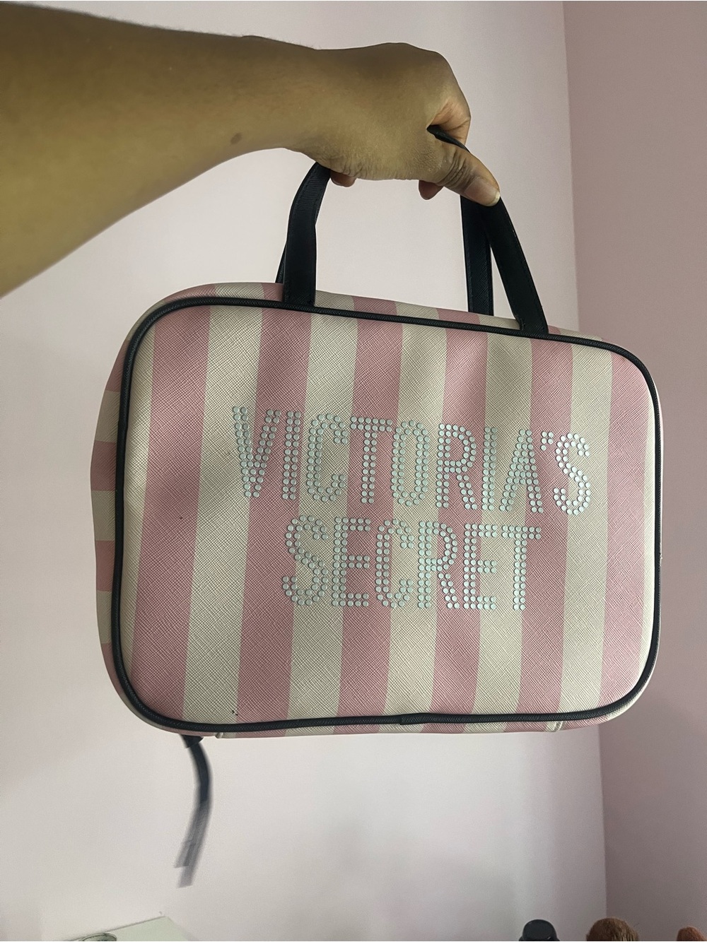RARE Vintage Victoria's Secret Pink & Cream Striped Cosmetic Case